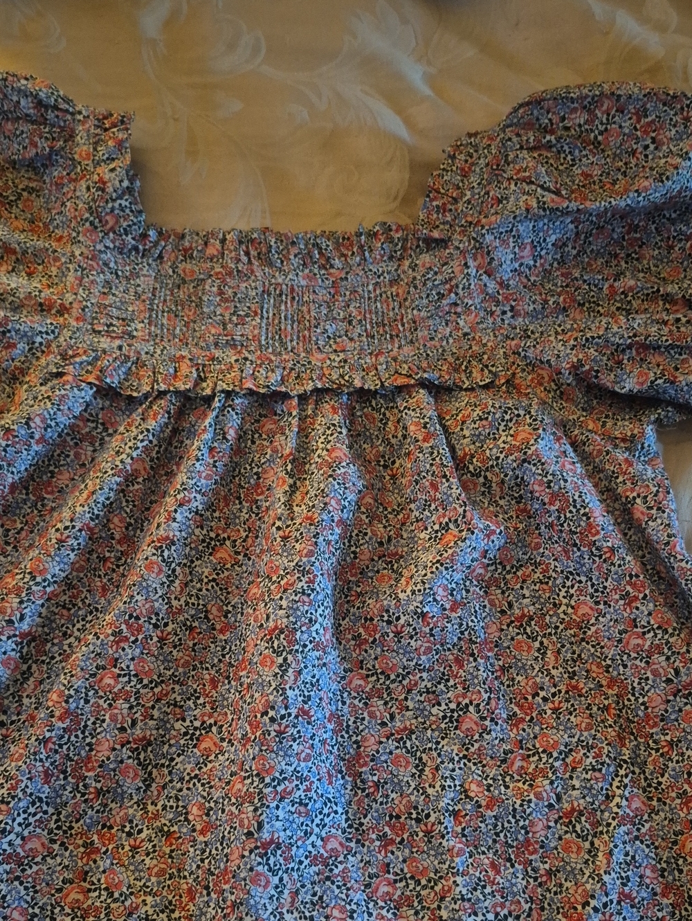 Doen Floral Smocked Square-Neck Blouse in Blue and Pink